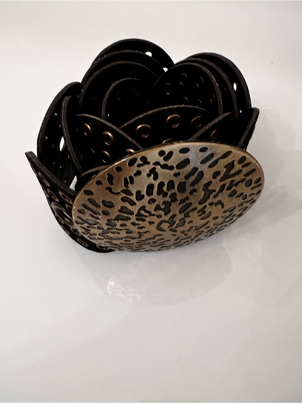 Vintage Y2K Black Disc Belt Bronze Medallion Grommet Boho Statement